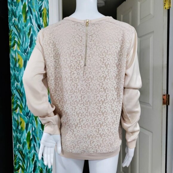 Ann Taylor Womens Beige Lace Front Twee Pullover Top Back Zipper Closure M - Picture 5 of 14